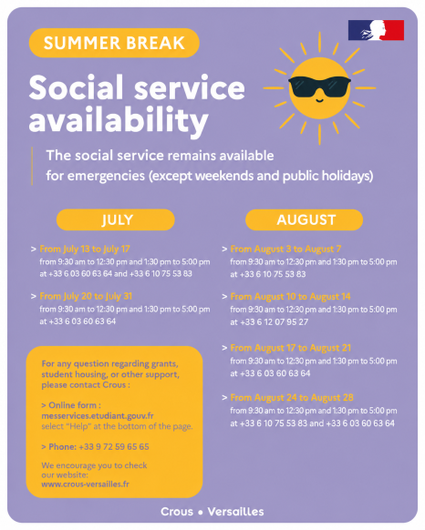 Poster announcing the Student Social Services' summer emergency availability, including July and August opening dates, contact phone numbers, and Crous contact information.