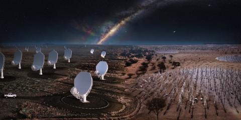 Vue d’artiste des deux télescopes de l’Observatoire SKA : SKA-Mid à gauche et SKA-Low à droite - Crédit : SKA Observatory